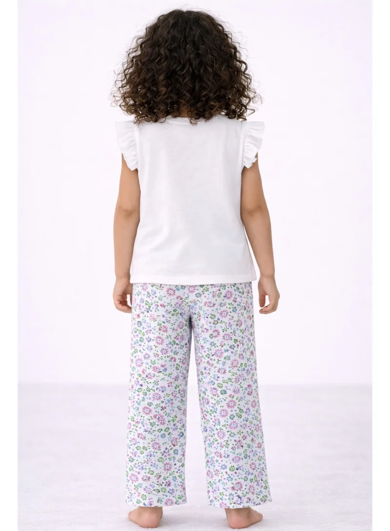 فكتور اند جين Girls’ Pajama Set – “Sleep Well” Frill Sleeve Top & Floral Print Pants